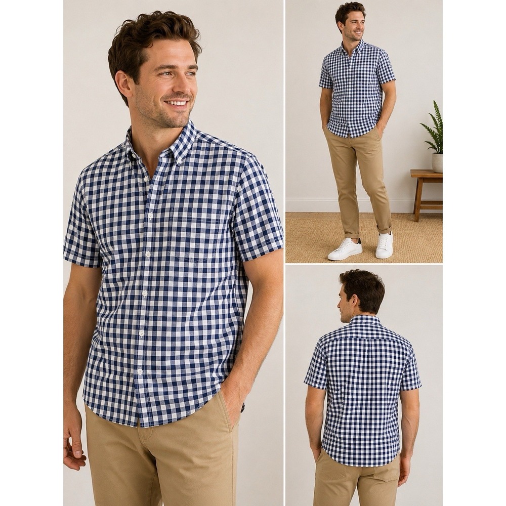J.Crew Classic Fit Large Blue White Gingham 100% Cotton Short Sleeve Shirt